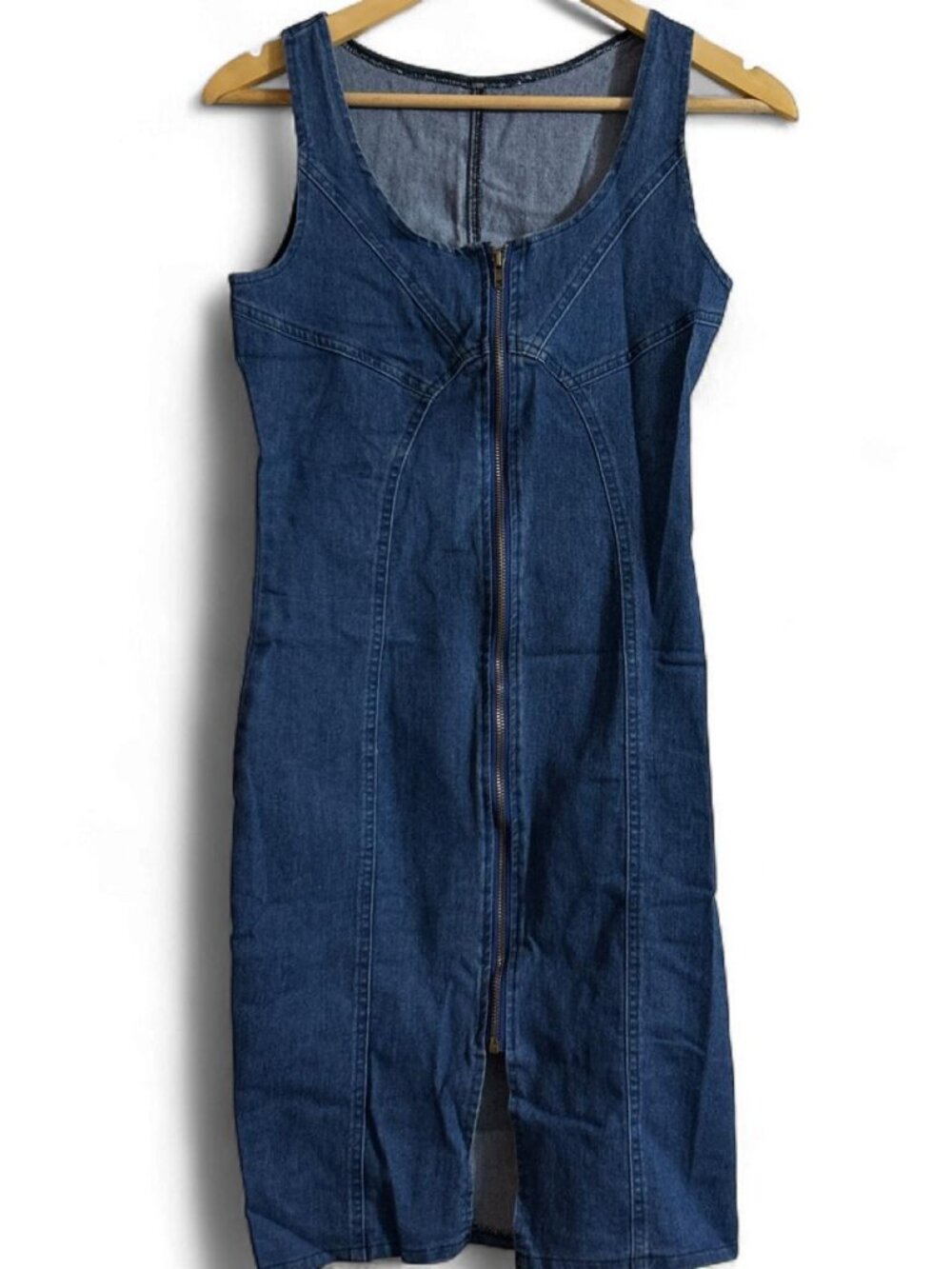 Blue Denim Zip Front Sleeveless Midi Dress S